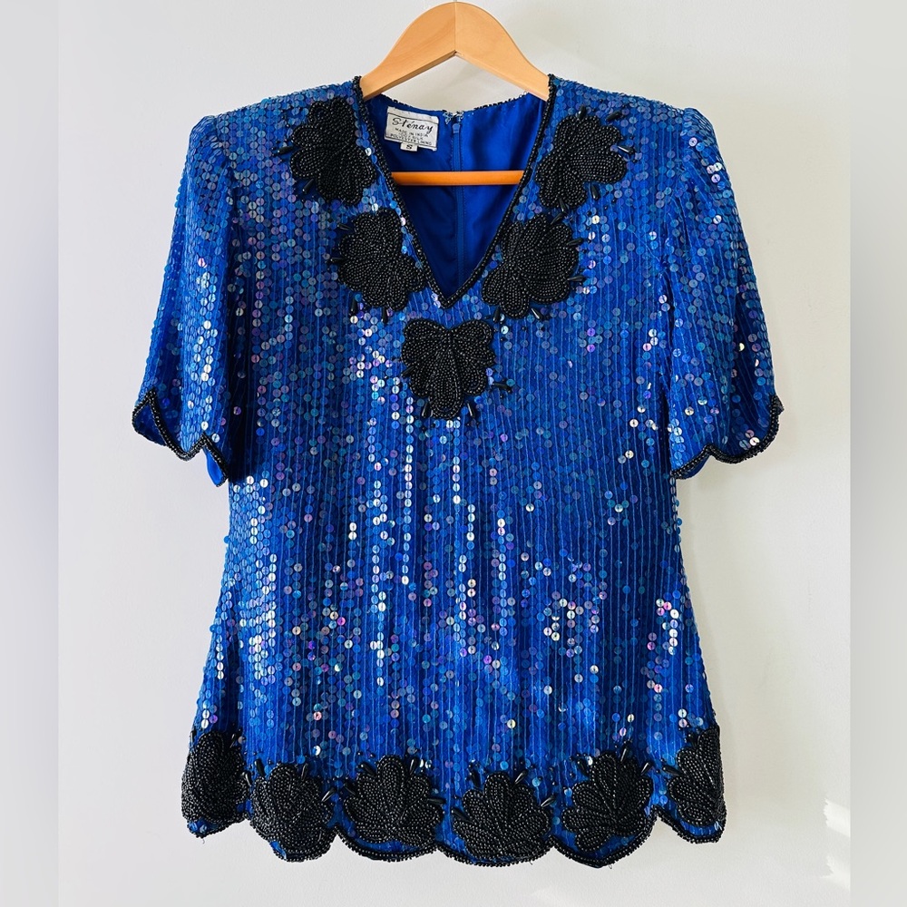Vintage Stenay Flat Lay Sequin & Beaded Floral Applique Short Sleeve Blouse Sz S